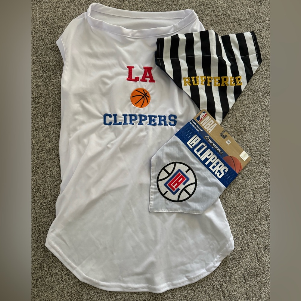 LA CLIPPERS NBA basketball dog T-shirt XL embroidered  & bandana’s..RUFFEREE NWT